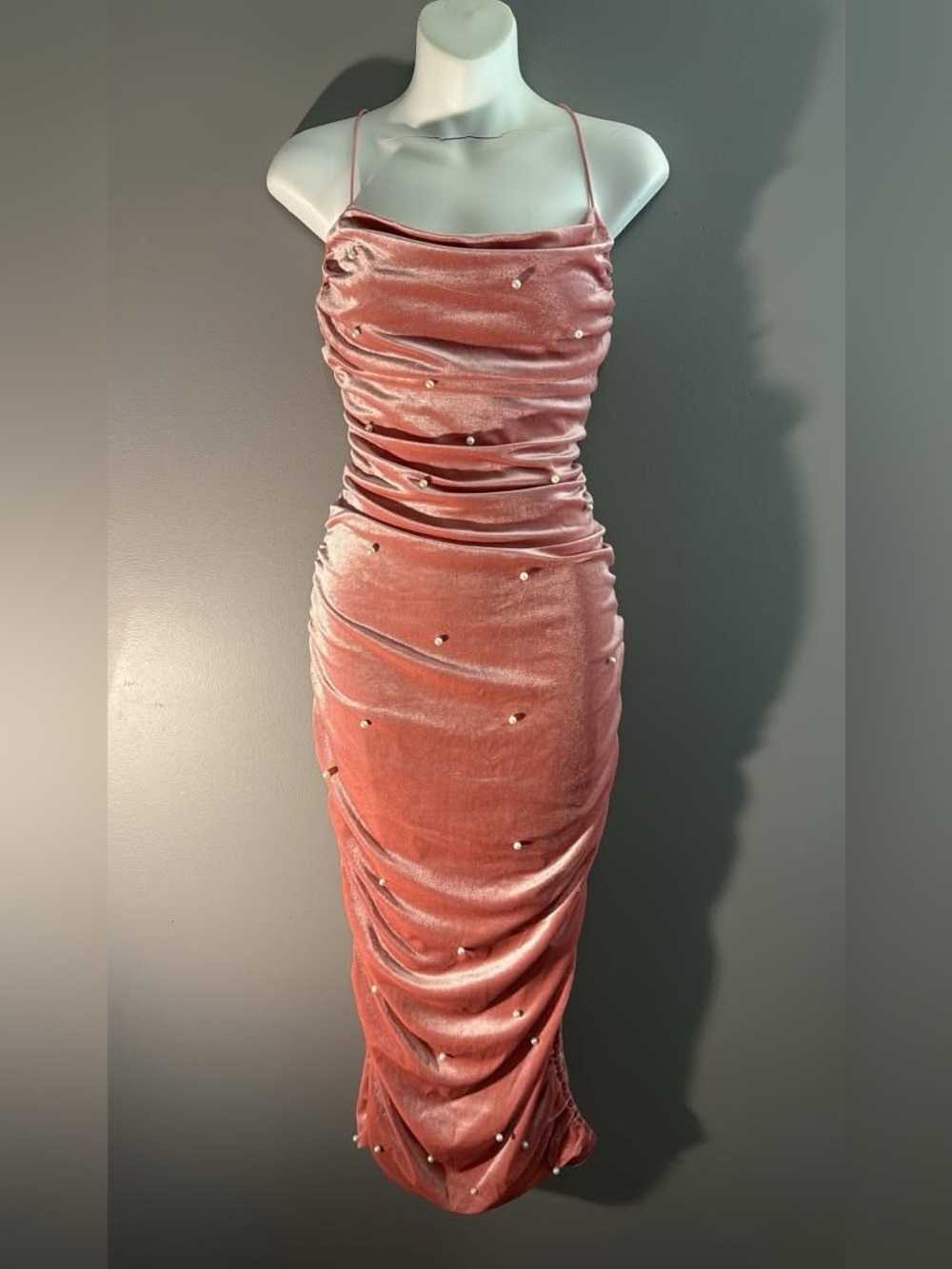 Pearl-Embellished Velvet Midi Dress in Dusty Rose